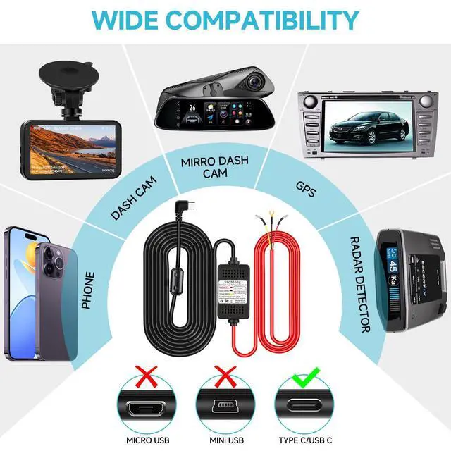 Alt view image 2 of 7 - Dash Cam Hardwire Kit, Acc Hardwire Kit for Dash Camera Type C 3-Lead Hard Wire Kit 12V-24V to 5V USB-C Hard Wire Kit w/Low Voltage Protection 13ft Charger Power Cord for GPS Radar Detectors and More