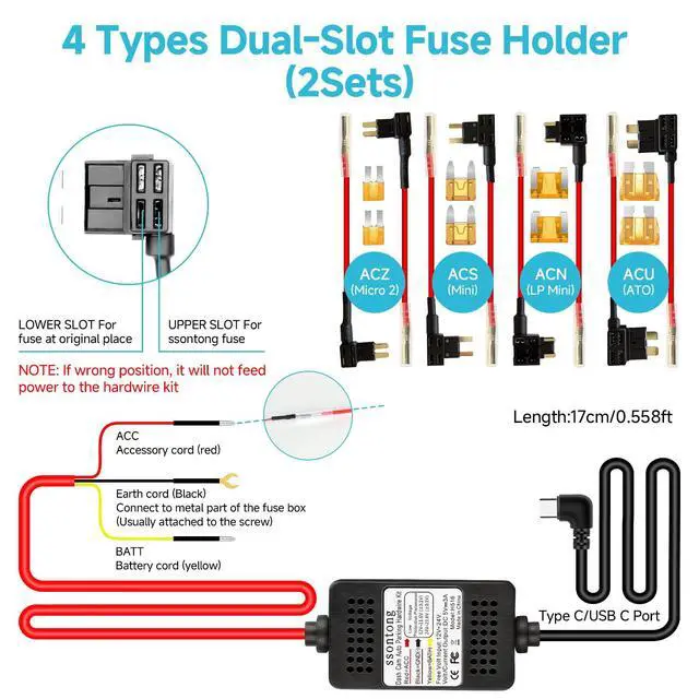 Alt view image 3 of 7 - Dash Cam Hardwire Kit, Acc Hardwire Kit for Dash Camera Type C 3-Lead Hard Wire Kit 12V-24V to 5V USB-C Hard Wire Kit w/Low Voltage Protection 13ft Charger Power Cord for GPS Radar Detectors and More