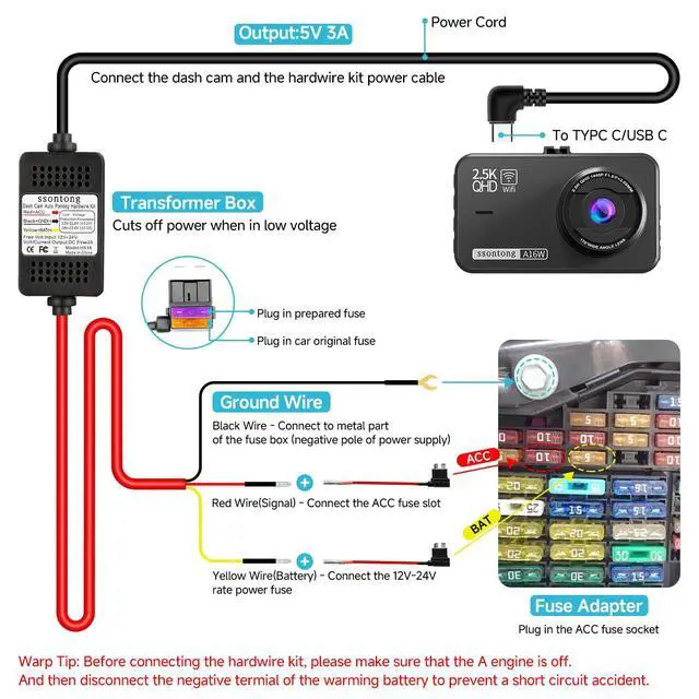 Alt view image 4 of 7 - Dash Cam Hardwire Kit, Acc Hardwire Kit for Dash Camera Type C 3-Lead Hard Wire Kit 12V-24V to 5V USB-C Hard Wire Kit w/Low Voltage Protection 13ft Charger Power Cord for GPS Radar Detectors and More