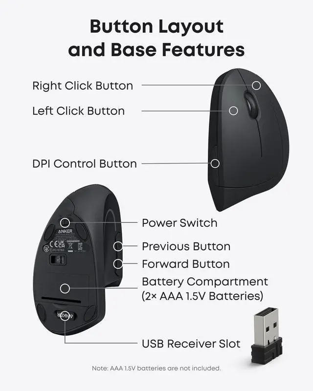 Alt view image 4 of 6 - 2.4G Wireless Vertical Ergonomic Optical Mouse for Work, Multi-Device Connectivity, 800/1200 /1600 DPI, 5 Buttons for Laptop, Desktop, PC - Black