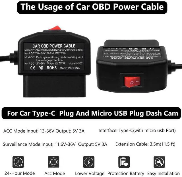 Alt view image 5 of 7 - OBD Power Cable for Dash Camera 24 Hours Surveillance and Acc Two Mode with Switch Button,OBD to Type-C USB OBDII Adapter Hardwire Charger Cord,12-36V to 5V 3A for Dashcam, GPS or Radar