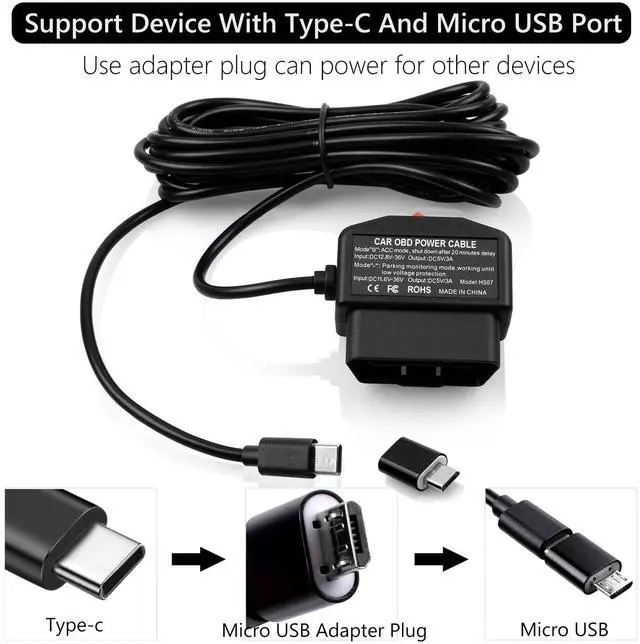 Alt view image 3 of 7 - OBD Power Cable for Dash Camera 24 Hours Surveillance and Acc Two Mode with Switch Button,OBD to Type-C USB OBDII Adapter Hardwire Charger Cord,12-36V to 5V 3A for Dashcam, GPS or Radar