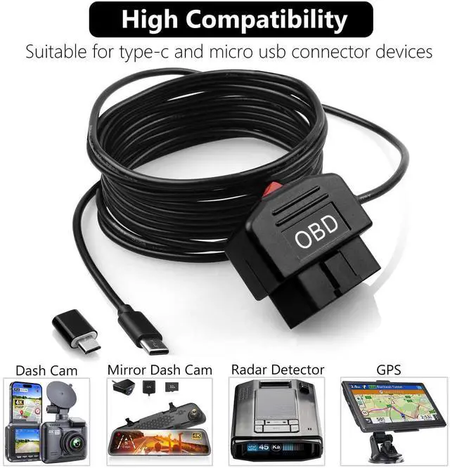Alt view image 4 of 7 - OBD Power Cable for Dash Camera 24 Hours Surveillance and Acc Two Mode with Switch Button,OBD to Type-C USB OBDII Adapter Hardwire Charger Cord,12-36V to 5V 3A for Dashcam, GPS or Radar