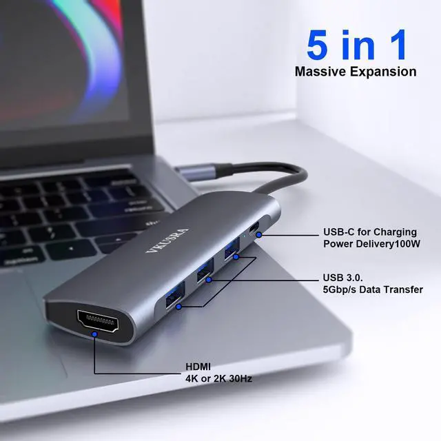 Alt view image 2 of 5 - USB C Hub Multiport Adapter, 5 in 1 Dongle USB C to 4K HDMI, 3 USB 3.0 Port, 100W PD, USBC Adapter for MacBook, XPS, Laptop, PC, and More Type C