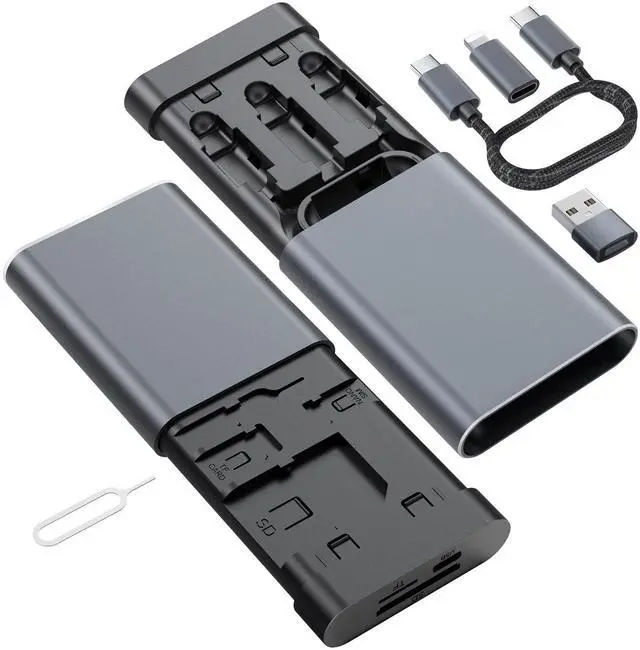 Main image of Data Hub, Travel Rated Multi-Card Reader, and 65W 3-in-1 Charging Cable, Nano-Sim-TF-SD, Card Storage, Lighting, USB-C, USB-A Connectors, iOS/Win/Mac/Android, Compact Aluminum Case, No Loose Wires.