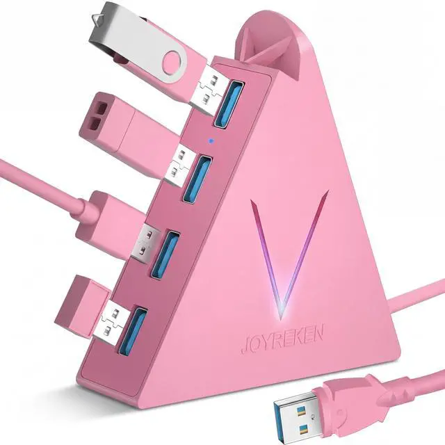 Main image of 4-Port USB 3.0 Hub, FlyingVHUB Vertical Data USB Hub with 2 ft Extended Cable, for Mac, PC, Xbox One, PS4, PS5, iMac, Surface Pro, XPS, Laptop, Desktop, Flash Drive, Mobile HDD(Pink)