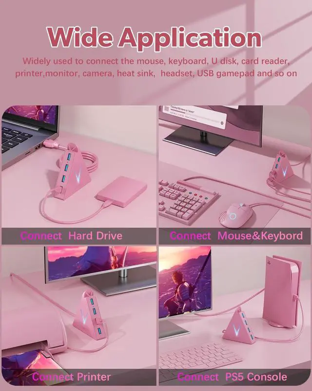 Alt view image 3 of 7 - 4-Port USB 3.0 Hub, FlyingVHUB Vertical Data USB Hub with 2 ft Extended Cable, for Mac, PC, Xbox One, PS4, PS5, iMac, Surface Pro, XPS, Laptop, Desktop, Flash Drive, Mobile HDD(Pink)