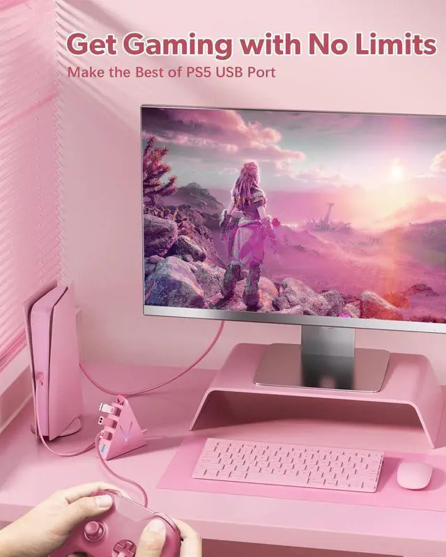 Alt view image 5 of 7 - 4-Port USB 3.0 Hub, FlyingVHUB Vertical Data USB Hub with 2 ft Extended Cable, for Mac, PC, Xbox One, PS4, PS5, iMac, Surface Pro, XPS, Laptop, Desktop, Flash Drive, Mobile HDD(Pink)