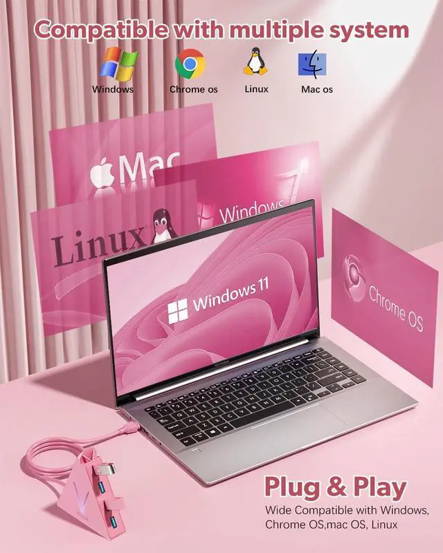 Alt view image 7 of 7 - 4-Port USB 3.0 Hub, FlyingVHUB Vertical Data USB Hub with 2 ft Extended Cable, for Mac, PC, Xbox One, PS4, PS5, iMac, Surface Pro, XPS, Laptop, Desktop, Flash Drive, Mobile HDD(Pink)