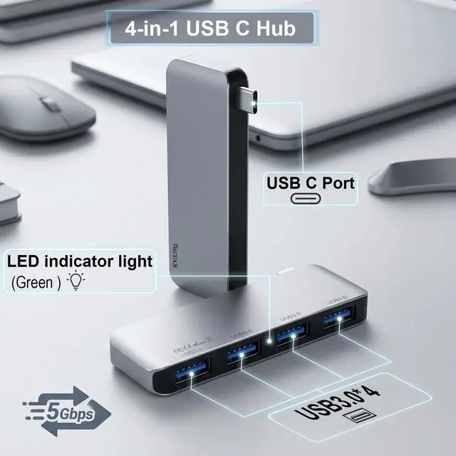 Alt view image 2 of 7 - USB C Hub, 4-Port USB 3.0 Hub USB C to USB Adapter for MacBook Pro/Air Direct Plug USB Splitter for Laptop, Flush-Fit Cable-Free Design, Compatible with iMac Dell HP Surface