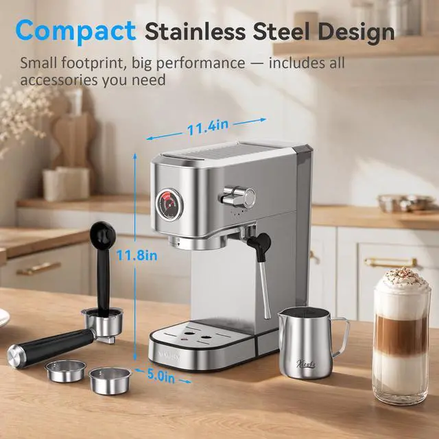 Alt view image 3 of 7 - 20 Bar Espresso Machine, Compact Stainless Steel Espresso Maker with Milk Frother and Milk Frothing Pitcher, Coffee Machine for Cappuccino and Latte, 42 oz Water Tank for Home, Office, Silver