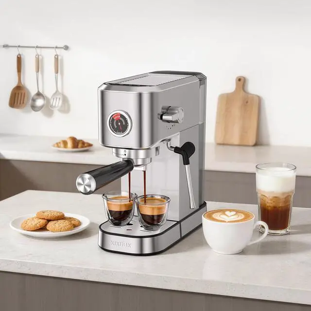 Alt view image 2 of 7 - 20 Bar Espresso Machine, Compact Stainless Steel Espresso Maker with Milk Frother and Milk Frothing Pitcher, Coffee Machine for Cappuccino and Latte, 42 oz Water Tank for Home, Office, Silver
