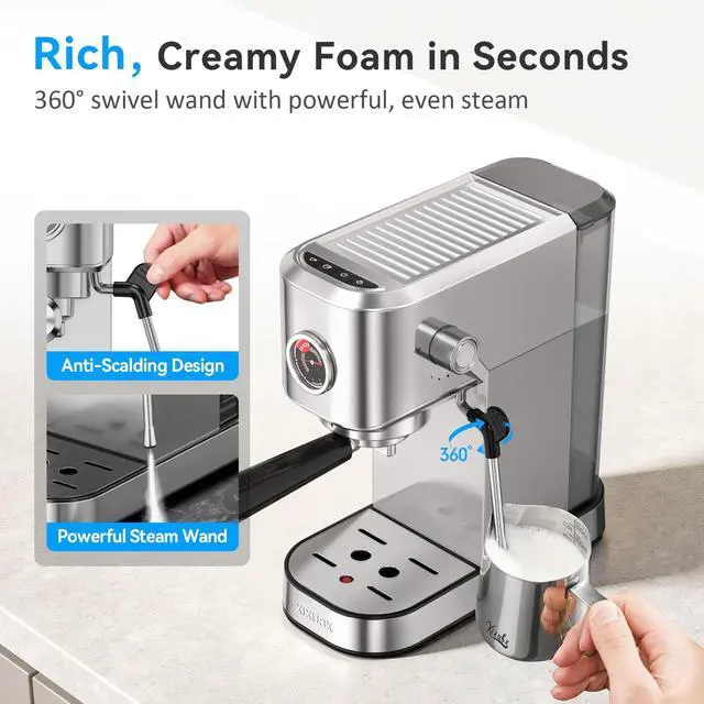 Alt view image 6 of 7 - 20 Bar Espresso Machine, Compact Stainless Steel Espresso Maker with Milk Frother and Milk Frothing Pitcher, Coffee Machine for Cappuccino and Latte, 42 oz Water Tank for Home, Office, Silver