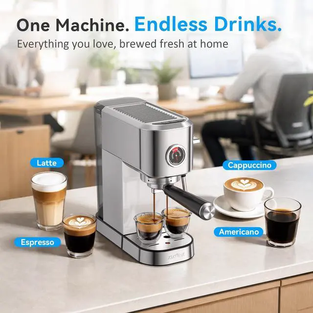 Alt view image 7 of 7 - 20 Bar Espresso Machine, Compact Stainless Steel Espresso Maker with Milk Frother and Milk Frothing Pitcher, Coffee Machine for Cappuccino and Latte, 42 oz Water Tank for Home, Office, Silver