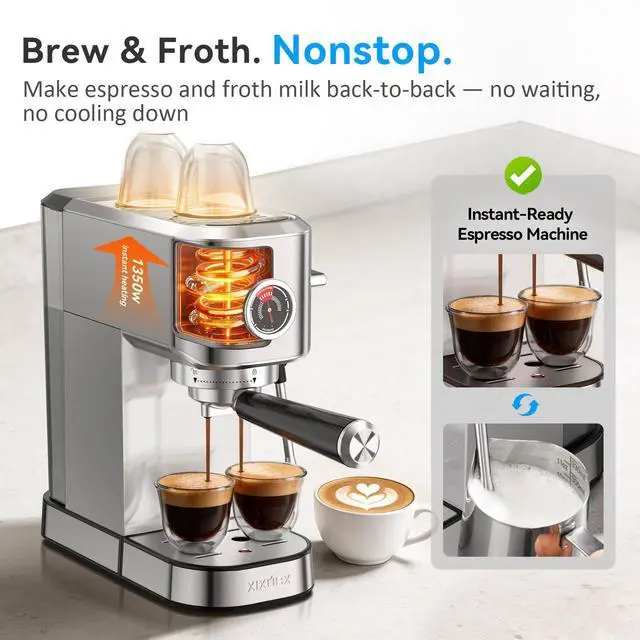 Alt view image 5 of 7 - 20 Bar Espresso Machine, Compact Stainless Steel Espresso Maker with Milk Frother and Milk Frothing Pitcher, Coffee Machine for Cappuccino and Latte, 42 oz Water Tank for Home, Office, Silver