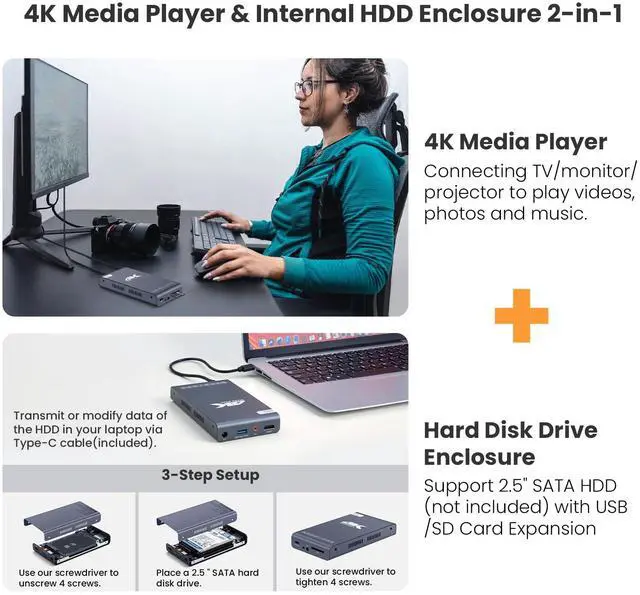 Alt view image 2 of 7 - 4K Digital Media Player & HDD Enclosure 2-in-1, Ultra HD 4K@60Hz Media Player with USB Type-C Drive/SD Card Ports, Digital Signage, MP4, H.265/HEVC, Looping Auto Playback, HDMI/AV Output