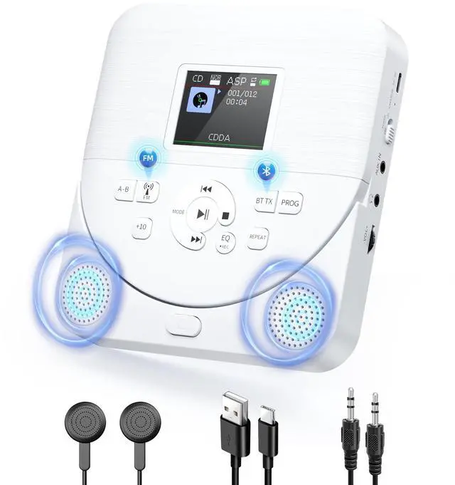 Main image of Portable CD Player Bluetooth for Car with FM Transmitter, AUX, LCD Display, Anti-Skip, Stereo Speakers, Headphones and Rechargeable Battery