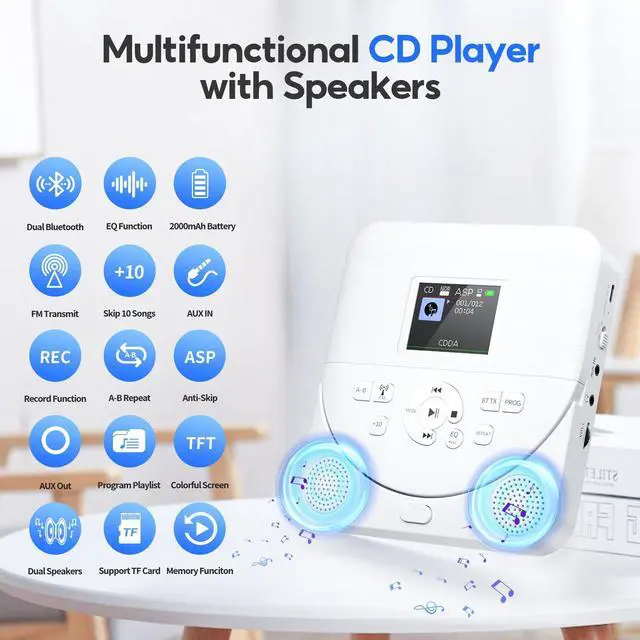 Alt view image 2 of 6 - Portable CD Player Bluetooth for Car with FM Transmitter, AUX, LCD Display, Anti-Skip, Stereo Speakers, Headphones and Rechargeable Battery
