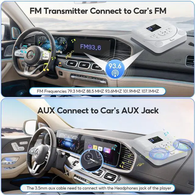 Alt view image 4 of 6 - Portable CD Player Bluetooth for Car with FM Transmitter, AUX, LCD Display, Anti-Skip, Stereo Speakers, Headphones and Rechargeable Battery