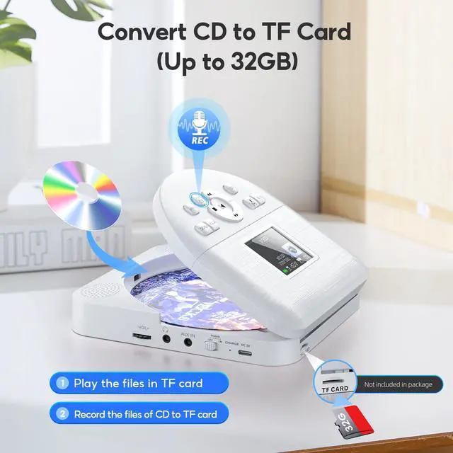 Alt view image 5 of 6 - Portable CD Player Bluetooth for Car with FM Transmitter, AUX, LCD Display, Anti-Skip, Stereo Speakers, Headphones and Rechargeable Battery