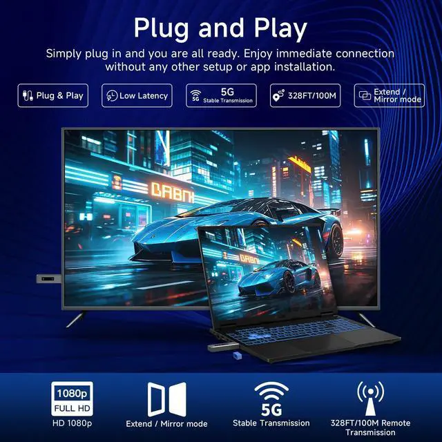 Alt view image 3 of 7 - Wireless HDMI Transmitter and Receiver 328FT/100M, LED Screen Display, Dual-Band 2.4G+5.8G Plug & Play HDMI Extender Kit, 4K Decode 1080P Output for PC/Projector/TV Box/Monitor