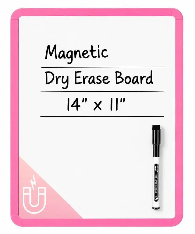 Main image of Dry Erase Board, 14 x 11 with a Black Dry Erase Marker, Light Coral Frame, Small Mini White Board for Students, Fridge, Wall, Locker, Includes Double Sided Tapes