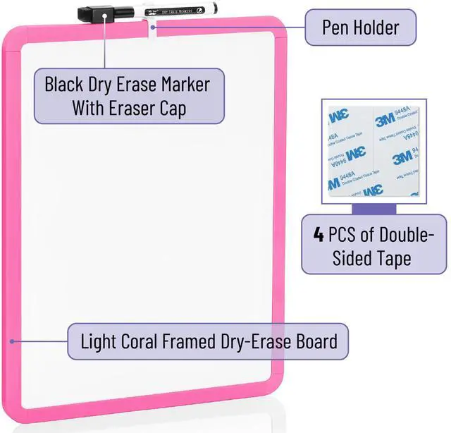 Alt view image 2 of 5 - Dry Erase Board, 14 x 11 with a Black Dry Erase Marker, Light Coral Frame, Small Mini White Board for Students, Fridge, Wall, Locker, Includes Double Sided Tapes