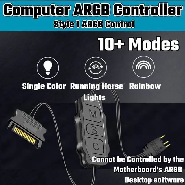 Alt view image 5 of 6 - Mini ARGB Controller 3Pin RGB 5V Controller with Monochrome Horse Rainbow 10+ Modes SATA Power for PC Fan, Light Strip, Light Plate,Water/Air Cooled Radiator