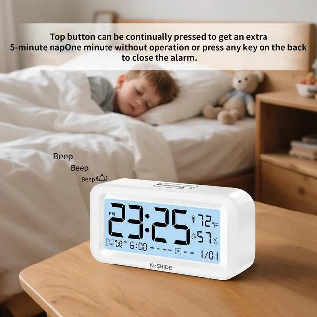 Alt view image 3 of 7 - Night Light Digital Alarm Clock Battery Operated with Indoor Temperature Humidity, Desk Small Clock,Snooze Model,12/24H Display for Bedrooms Heavy Sleepers Kids Travel Bathroom (White)