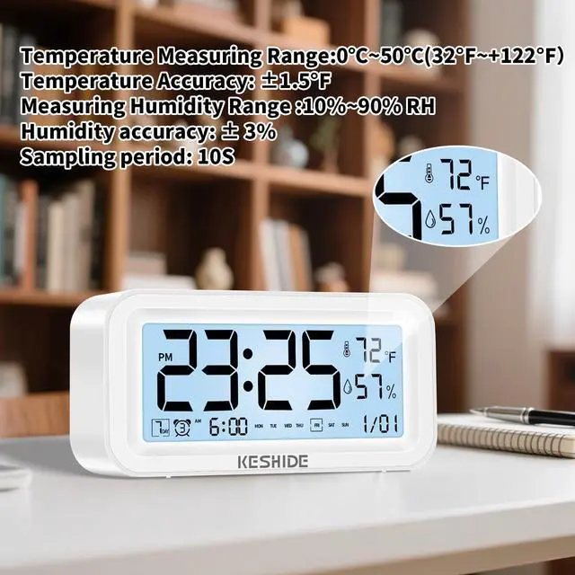 Alt view image 4 of 7 - Night Light Digital Alarm Clock Battery Operated with Indoor Temperature Humidity, Desk Small Clock,Snooze Model,12/24H Display for Bedrooms Heavy Sleepers Kids Travel Bathroom (White)