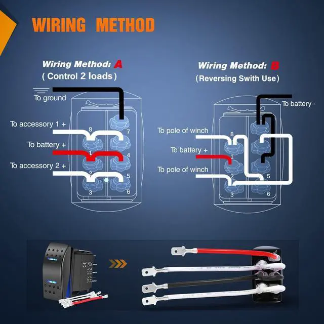 Alt view image 6 of 7 - Waterproof Rocker Switch Toggle ON/Off/ON DPDT 7Pin 12V 24V Jumper Wires Winch Pump for Cars Trucks Caravans Boats RV SUV ATV UTV