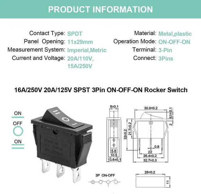 Alt view image 2 of 6 - 5Pcs SPDT 3 Pins 3 Position ON/Off/ON Toggle Rocker Switch AC 15A/250V 20A/125V for Car Boat KCD3