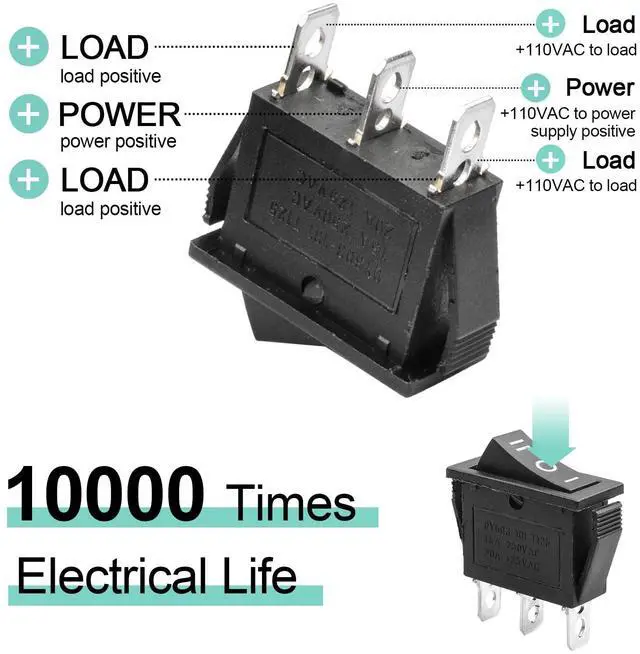 Alt view image 3 of 6 - 5Pcs SPDT 3 Pins 3 Position ON/Off/ON Toggle Rocker Switch AC 15A/250V 20A/125V for Car Boat KCD3