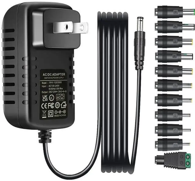 Main image of 12V 3A 2A Power Supply AC Adapter with 11 Interchangeable DC Plugs DC12Volts Power Cord Charger Compatible with LED Lights Sceptre Monitor Yamaha Keyboards Cameras Monitors