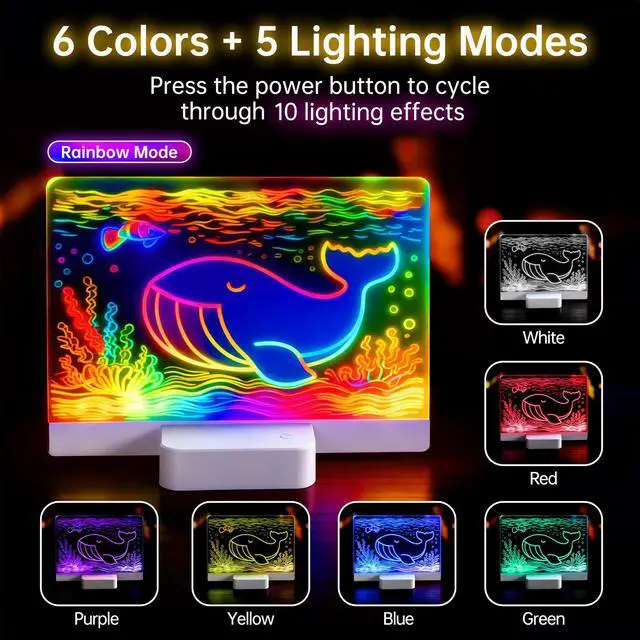 Alt view image 2 of 6 - Rechargeable LED Note Board with 6 Colors & 5 Modes, Doodle Glow Drawing Board with Sketchbook & 7 Colored Markers, Memo Message Dry Erase Lumiboard for Kids/Classroom/Home Decor/Office/Gifts