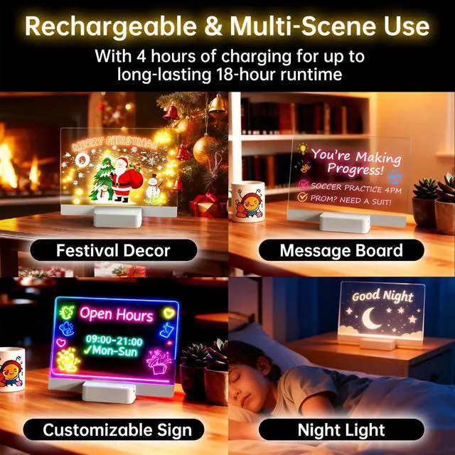 Alt view image 4 of 6 - Rechargeable LED Note Board with 6 Colors & 5 Modes, Doodle Glow Drawing Board with Sketchbook & 7 Colored Markers, Memo Message Dry Erase Lumiboard for Kids/Classroom/Home Decor/Office/Gifts