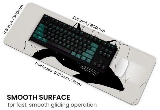 Alt view image 4 of 7 - Large Gaming Mouse Pad, Full Keyboard Mat, Long Laptop Mousepad, Computer Mouse Mat for Home and Office, Anti-Slip Rubber Base, 31.5 x 11.8 Inches (Black Cat)