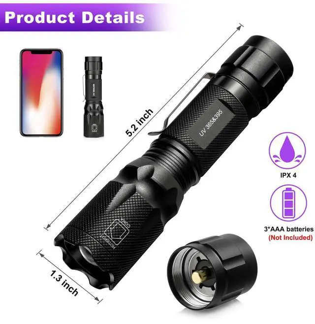Alt view image 2 of 6 - UV Blacklight Flashlight - 365nm and 395nm Black Light for UV Glue Curing, Urine Stain Detection, Anti-counterfeiting, and More - Compact Handheld Ultraviolet Torch Wood's Lamp