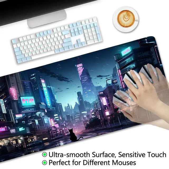 Alt view image 7 of 7 - Cyberpunk Mouse Pad, Japanese Anime Cat Desk Mat, Neon Tokyo Extended Gaming Mouse Pads for Desktop Computer Laptop Office Work Game Home, 31.5x11.8 in