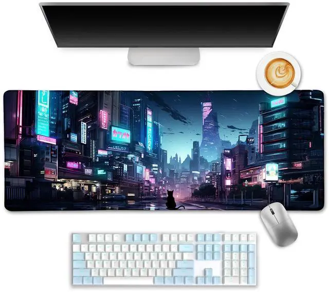 Main image of Cyberpunk Mouse Pad, Japanese Anime Cat Desk Mat, Neon Tokyo Extended Gaming Mouse Pads for Desktop Computer Laptop Office Work Game Home, 31.5x11.8 in