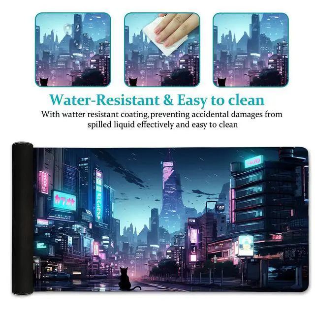Alt view image 6 of 7 - Cyberpunk Mouse Pad, Japanese Anime Cat Desk Mat, Neon Tokyo Extended Gaming Mouse Pads for Desktop Computer Laptop Office Work Game Home, 31.5x11.8 in