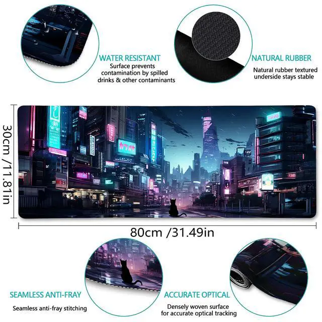 Alt view image 5 of 7 - Cyberpunk Mouse Pad, Japanese Anime Cat Desk Mat, Neon Tokyo Extended Gaming Mouse Pads for Desktop Computer Laptop Office Work Game Home, 31.5x11.8 in