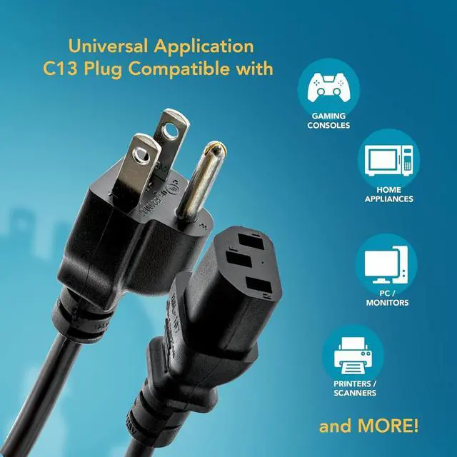 Alt view image 2 of 7 - UL Approved 6ft Universal Power Cord (2 Pack) - IEC C13 to NEMA 5-15P Computer Monitor Cable for IT Departments, Data Centers & Bulk Purchasing - 18AWG 10A 125V