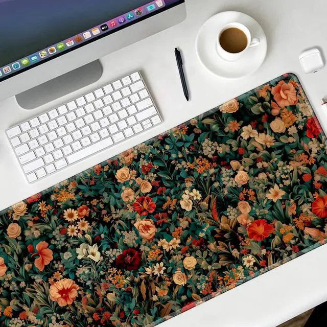 Alt view image 6 of 6 - Retro Floral Gaming Mouse Pad Large Desk Mat Extended Keyboard Mouse Pad Anime Mousepad with Non-Slip Base and Stitched Edge Mouse Mat Desk Pad 31.5 x 11.8 Mouse Pads for Desk Home Office Gaming