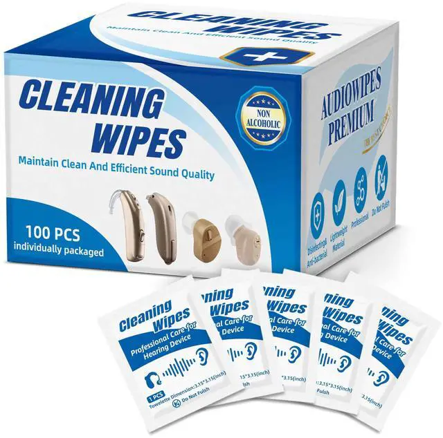 Main image of 100 Count Hearing Aids Cleaning Wipes Individually Packaged Hearing Aid Audio Wipe Cleaning Towelette Tool Kit Supplies Hearing Aid Accessories Suitable for Hearing Amplifier, Earmold, Earbuds, Earwax