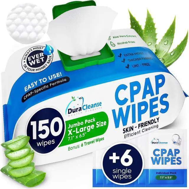 Main image of Wipes - 150 Count Jumbo Pack + 6 Travel Sheets - Dura Cleanse Extra Large, Extra Moist Cleaning Wipes for Full Face, Nasal Masks Unscented Cleaner for CPAP Machine, Supplies and Accessories