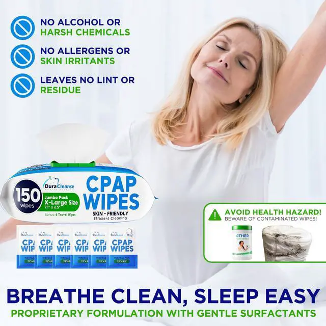 Alt view image 5 of 6 - Wipes - 150 Count Jumbo Pack + 6 Travel Sheets - Dura Cleanse Extra Large, Extra Moist Cleaning Wipes for Full Face, Nasal Masks Unscented Cleaner for CPAP Machine, Supplies and Accessories