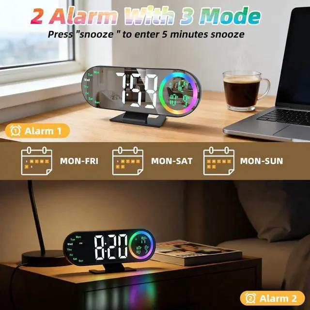 Alt view image 3 of 7 - Digital Alarm Clocks with 16 Night Light, Loud Alarm Clock for Heavy Sleepers Adults Teens Kids Seniors, 3 Brightness 2 Alarm Mirror and LED Big Display Clocks for Bedside, Desk, Bedrooms Living Room