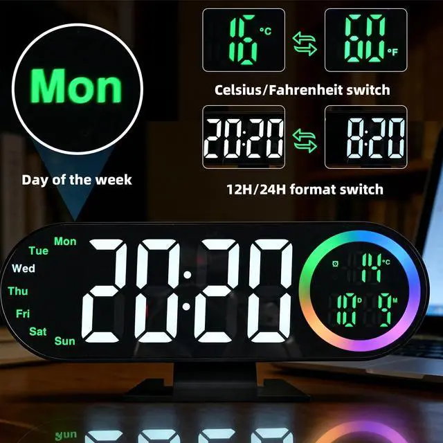 Alt view image 6 of 7 - Digital Alarm Clocks with 16 Night Light, Loud Alarm Clock for Heavy Sleepers Adults Teens Kids Seniors, 3 Brightness 2 Alarm Mirror and LED Big Display Clocks for Bedside, Desk, Bedrooms Living Room