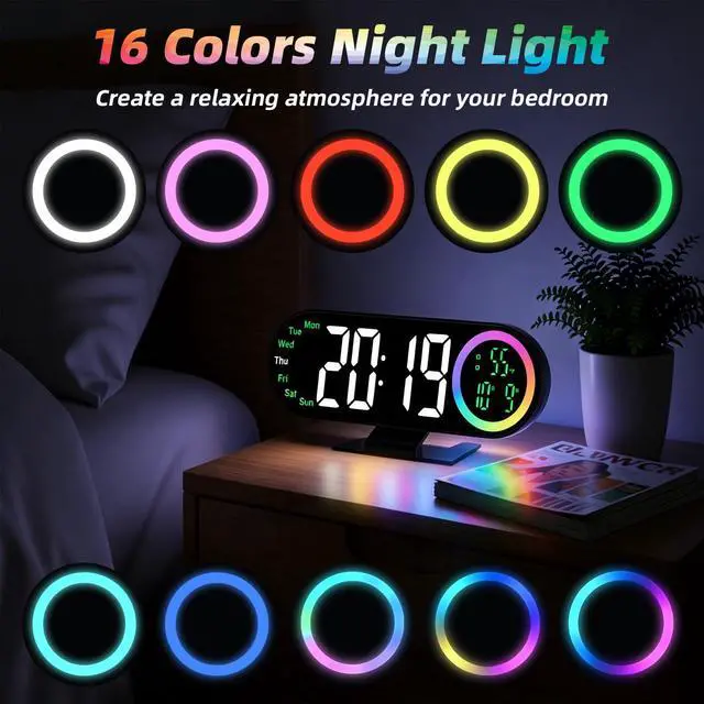 Alt view image 2 of 7 - Digital Alarm Clocks with 16 Night Light, Loud Alarm Clock for Heavy Sleepers Adults Teens Kids Seniors, 3 Brightness 2 Alarm Mirror and LED Big Display Clocks for Bedside, Desk, Bedrooms Living Room
